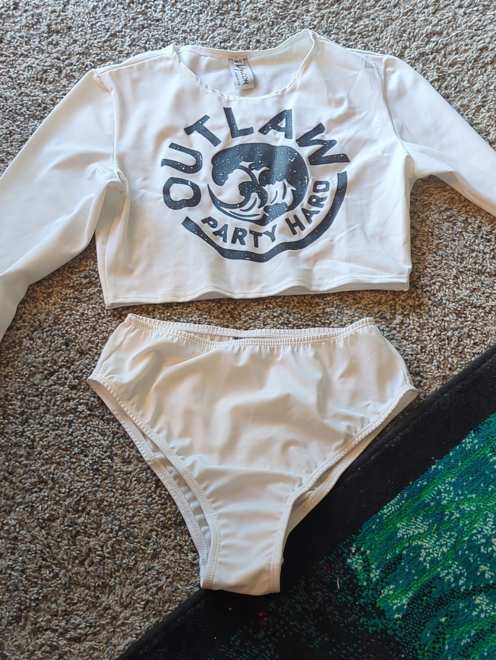 Yandy White Long Sleeve Graphic Swim Crop Top 'Hard Outlaw' NWOT